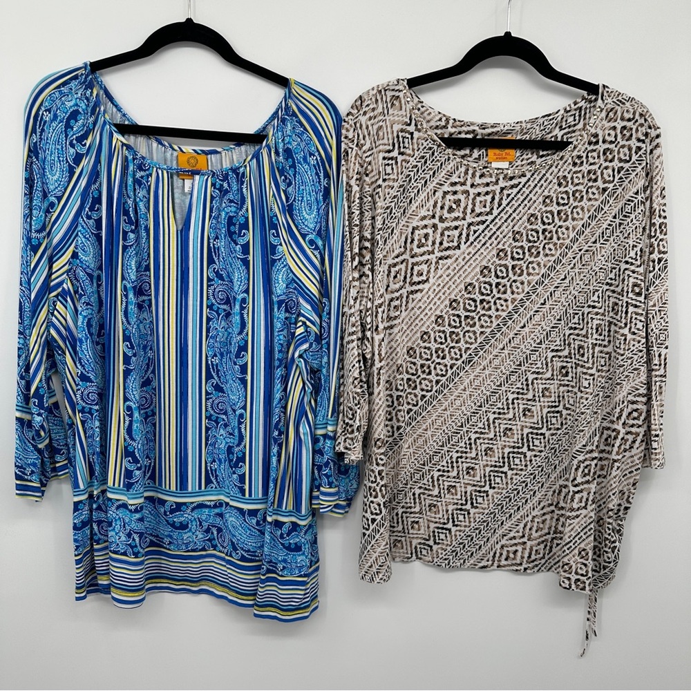 Ruby Rd. Blue and Beige Patterned Tops Blouses Set of 2 Tops‎ Plus Size 3X